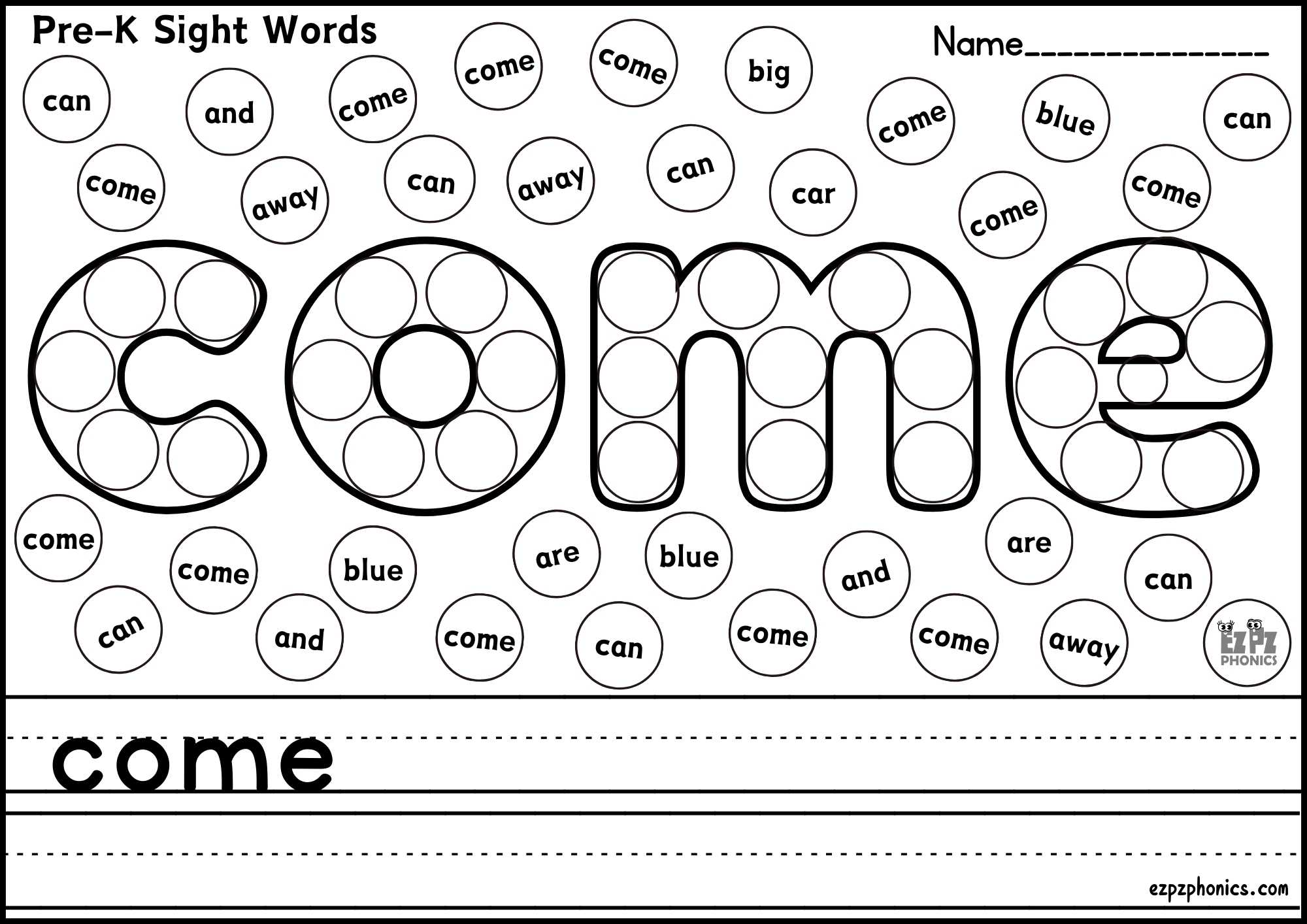 "Come" Dolch Sight Word Dab & Write Worksheet Pre K Free PDF Download